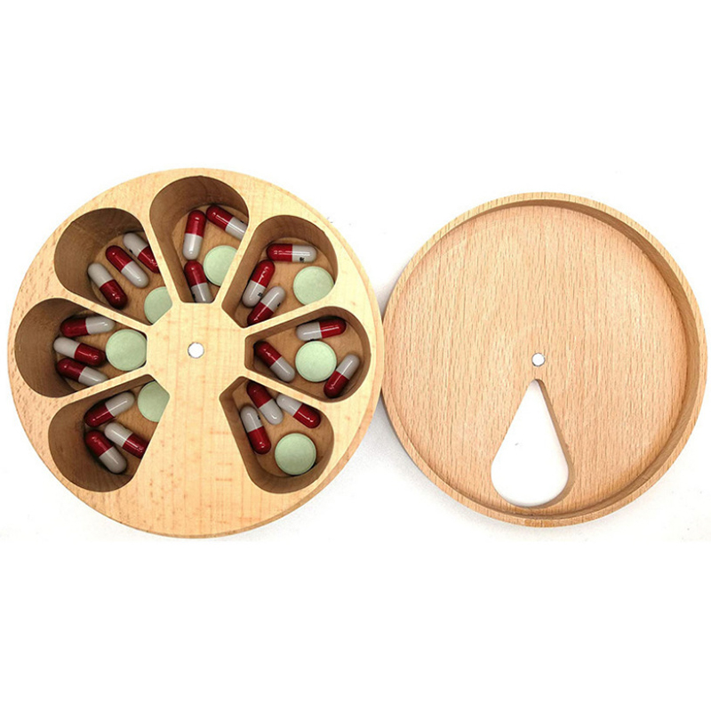 Wooden 7 Grid Round Pill Organizer Box