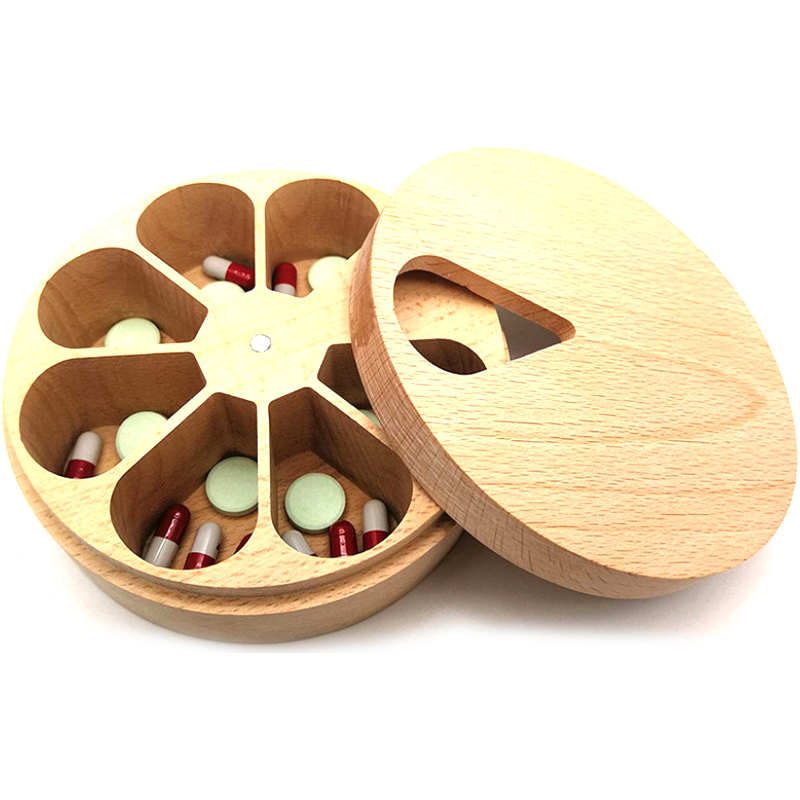 Wooden 7 Grid Round Pill Organizer Box3